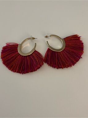 Burgundy Fringe Gold Hoop Earrings with Colorful fringe 2.5 in